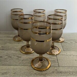 Vintage Bohemia Smoke Gray Frosted Gold Band Cordial Glasses Set of 6 Czech